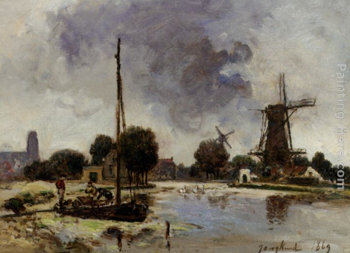 A Sailboat Moored on the Bank of a Stream painting - Johan Barthold Jongkind A Sailboat Moored on the Bank of a Stream art painting